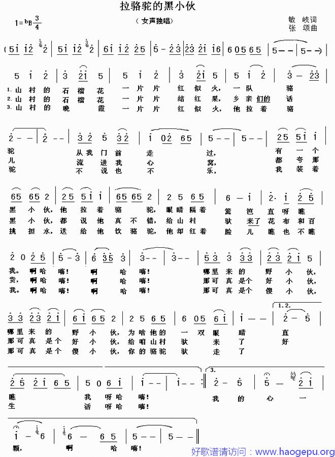 拉骆驼的黑小伙(一页完整版)歌谱
