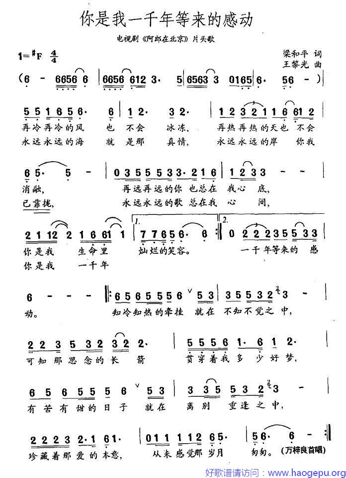 你是我一千年等来的感动(电视剧_阿郎在北京_片头歌)歌谱