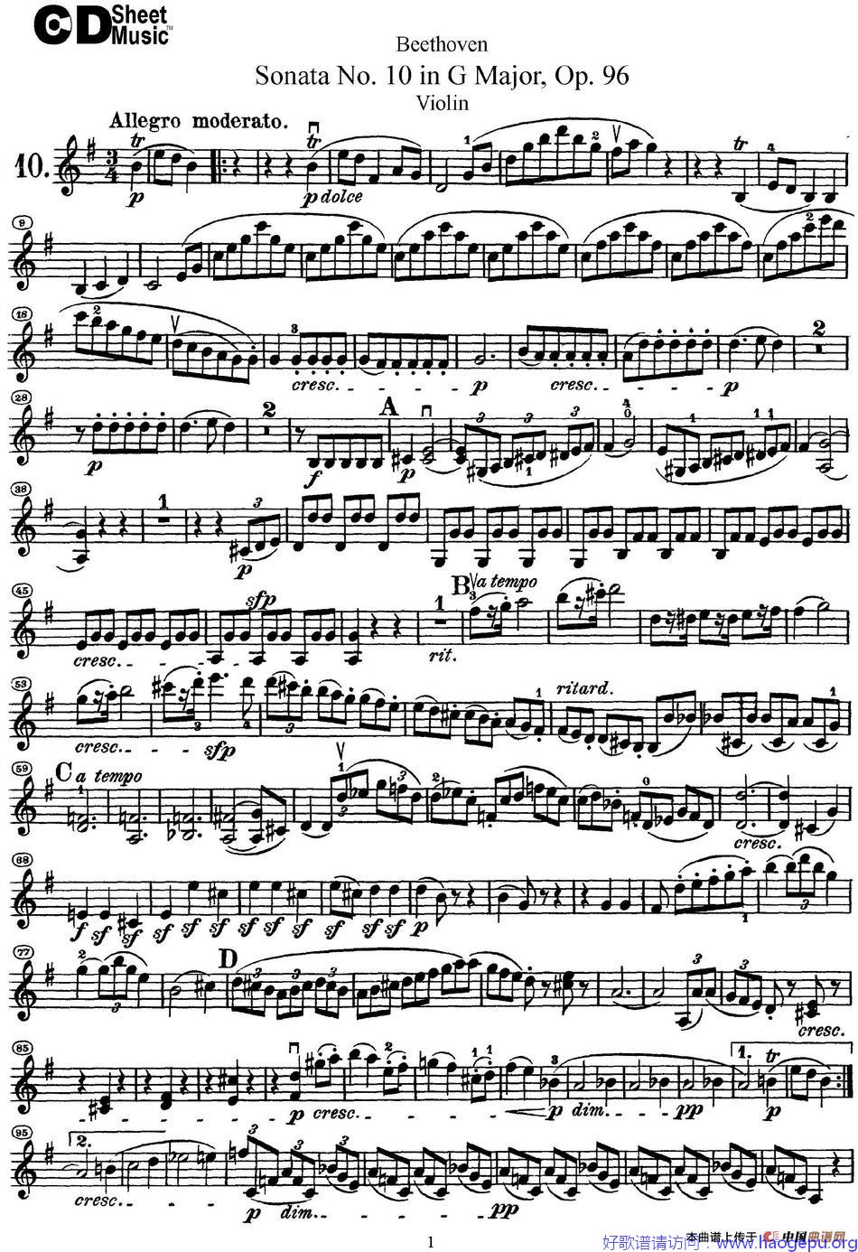 Violin Sonata No.1 in D Major Op.12 No. 1歌谱