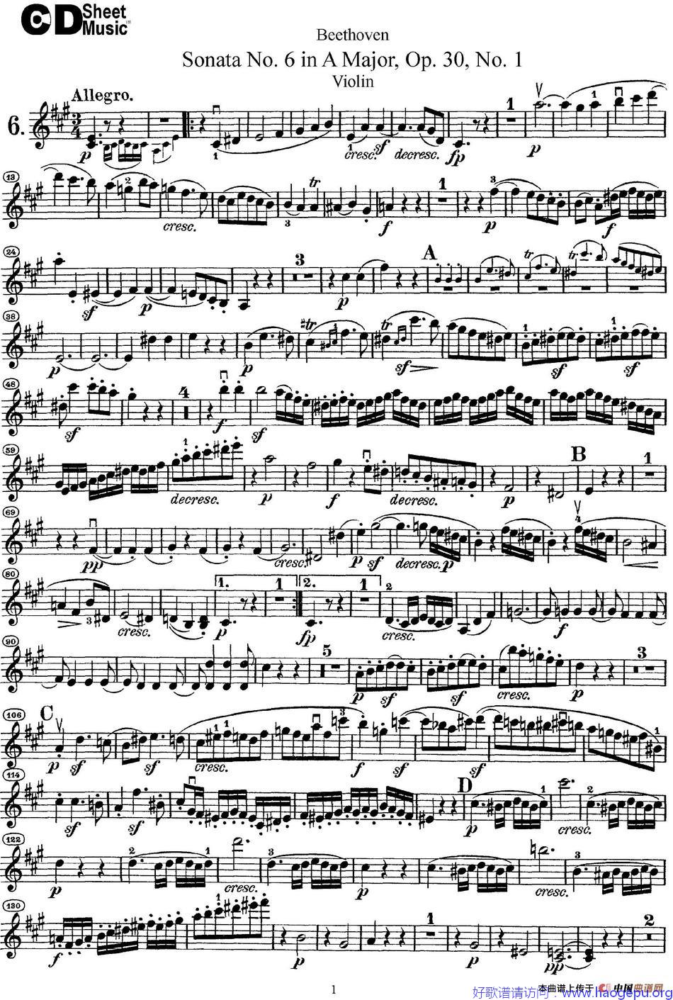 Violin Sonata  No.6 in A Major Op.30 No.1歌谱